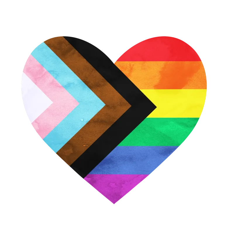 The progress pride flag in the shape of a heart